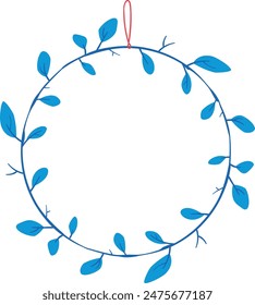 Circular blue leaf garland wreath minimalist design. Red string hanging, suitable seasonal decor. Isolated white background vector illustration. Circular blue leaf ornament natural theme. Twine