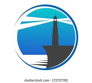 Circular blue lighthouse button or icon with a lighthouse on the edge of a pier with beams of light piercing the twilight to warn shipping of danger, depicting safety and security