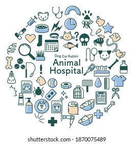 Circular blue and orange veterinary clinic related icon set.Japanese meaning is medicine.