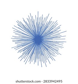 A circular blue radial sunburst or explosion design element consisting of many thin lines radiating from a central point on a white background