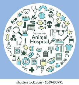 Circular blue and yellow veterinary clinic related icon set.Japanese meaning is medicine.