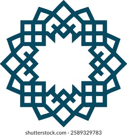 A circular, blue-tinted geometric Islamic pattern forming a mandala-like star.