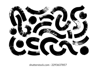 Circular bold brush strokes with circles. Hand drawn vector arches and thick dots. Black bold brush strokes, wavy thick lines. Hand drawn grunge curved lines. Calligraphy Japanese smears.