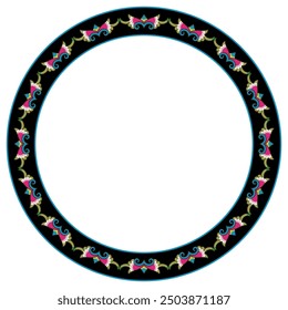 Circular border with abstract vintage motifs. Round decorative frame. Folk style.