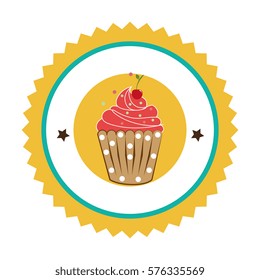 circular border with cupcake with cream and cherry