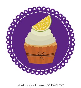 circular border with cupcake with cream and lemon