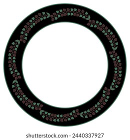 Circular border with floral wreath. Round botanical frame with stylized branches in a circle. Folk style.
