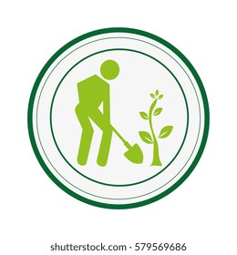 circular border with man with shovel and tree