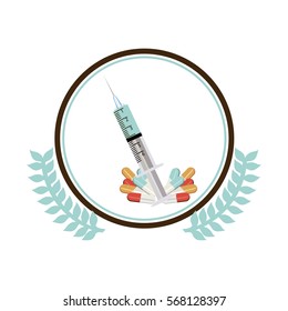 circular border with olive branch and Needle syringe and pills