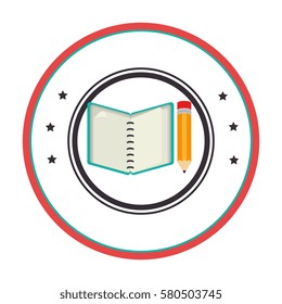 circular border with starts and open notebook spiral with pencil