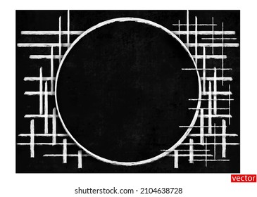 Circular border. White frame border on black background. Frame drawn with white paint on black chalkboard. Blackboard texture. Abstraction of white intersecting lines. Lines in white paint. Vector