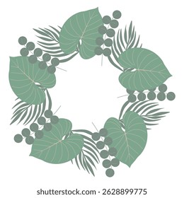 Circular botanical frame featuring lush green leaves and branches. Abstract plant illustration perfect for banners, cards, and invitations. Vector art design