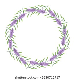 Circular botanical frame featuring lush green leaves and flowers lavender. Abstract plant illustration perfect for banners, cards, and invitations. Vector design