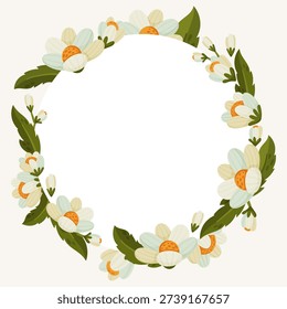 Circular botanical frame featuring white blossoms and green leaves. Digital hand-drawn floral wreath with blank center for text, wedding invitations, and seasonal spring design