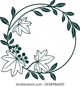 Circular botanical vine frame in hand drawn outline style light green color clean flat appearance on white background suitable for stock image use