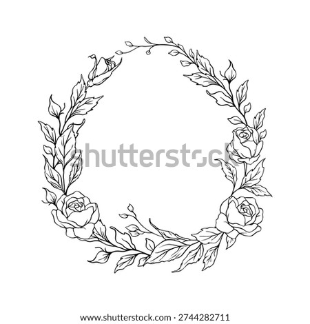 Circular botanical wreath featuring roses concentrated along the lower curve with balanced foliage extending upward. Created in precise black line style with visible petal structure and organic leaf forms, isolated on a white background for versatile decorative and design applications