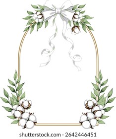 Circular botanical Wreath with watercolor Eucalyptus Branches and white ribbons. Illustration of vertical Template for wedding invitations, birth announcements, and Baby shower greeting cards
