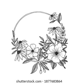 Circular bouquet flower frame with Hand drawn vintage illustration, flower and decoration elements perfect for print on invitation, card, poster and many more