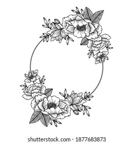 Circular bouquet flower frame with Hand drawn vintage illustration, flower and decoration elements perfect for print on invitation, card, poster and many more