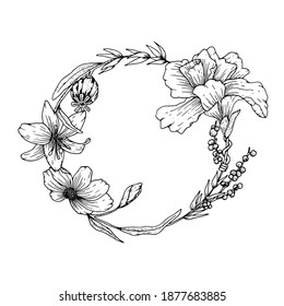 Circular bouquet flower frame with Hand drawn vintage illustration, flower and decoration elements perfect for print on invitation, card, poster and many more