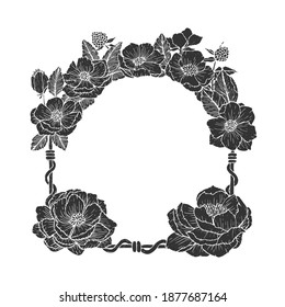 Circular bouquet flower frame with Hand drawn vintage illustration, flower and decoration elements perfect for print on invitation, card, poster and many more