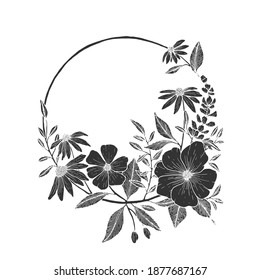 Circular bouquet flower frame with Hand drawn vintage illustration, flower and decoration elements perfect for print on invitation, card, poster and many more