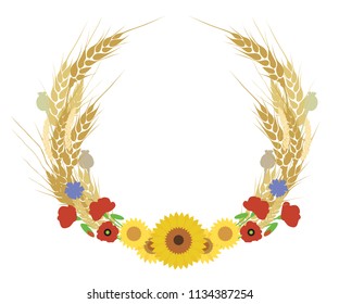 Circular bouquet of sunflower flowers, poppy and poppies, with grain of wheat - vector with copy space