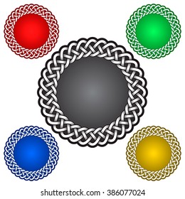 Circular braided frame for logo design in Celtic knots style. Tribal tattoo template. Silver ornament for jewelry design and samples of other colors.