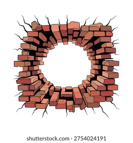 A circular break in a brick wall with cracked and fractured edges