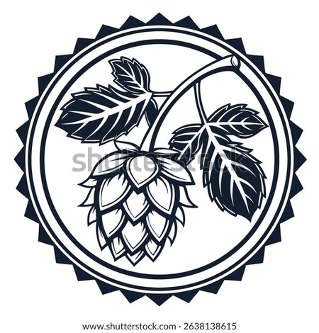 A circular brewery logo design incorporating a detailed hop flower illustration, utilizing a combination of CMYK and grayscale colors.