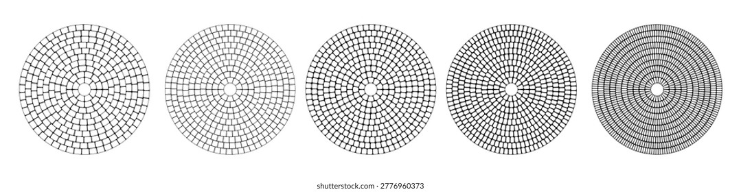 Circular brick mosaic tile, paved radial stone pattern, round pavement texture with black lines, pavement block  , cobblestone mosaic, minimal vector floor design on white background