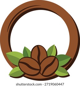 Un marco marrón circular con tres granos de café y hojas verdes en la parte inferior, ideal para un logotipo de cafetería.