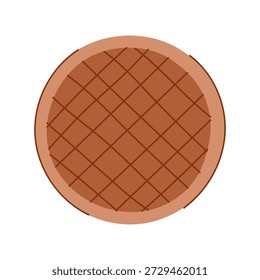 Circular brown manhole cover featuring a distinct diagonal grid pattern, representing urban infrastructure, drainage systems, and maintenance access points for underground utilities