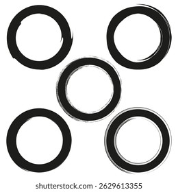 Circular brush icon. Rough black frame. Vector ring element. Grunge round shape