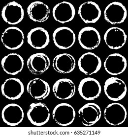 Circular brush strokes grunge vector collection. Round painted frame, hand drawn circle border, cup stain, white design elements on black background. Set of monochrome circular brush strokes, stamps.
