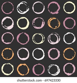 Circular brush strokes grunge vector collection. Round painted frame, hand drawn circle border, cup stain, white design elements. Set of violet, orange and yellow circular paint brush strokes, stamps.
