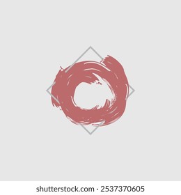 a circular brushstroke in a warm, muted coral color, set against a light gray background. 