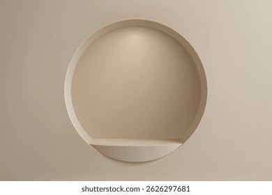 Circular built-in shelf niche in beige wall with soft lighting, modern abstract design