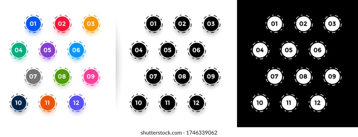 circular bullet points numbers from one to twelve