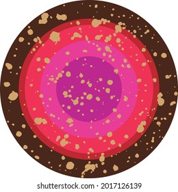 Circular bullseye Chocolate candy with concentric circles ranging from brown, red, pink to purple and decorated with beige old paint style splashes. Layered confectionary SVG svg