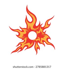 Circular burning star or flame blast icon isolated on white background. Comic or tattoo style fire wheel graphic element for logo and streetwear brand.