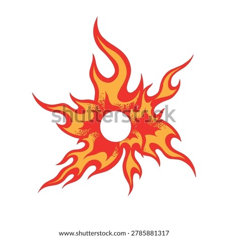 Circular burning star or flame blast icon isolated on white background. Comic or tattoo style fire wheel graphic element for logo and streetwear brand.