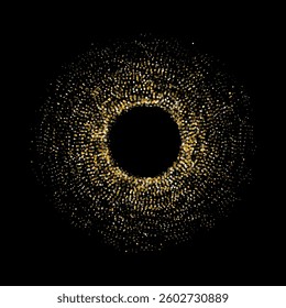 Circular burst of golden and white shimmering dots on a black background, resembling a radiant cosmic portal or a luxurious festive explosion.