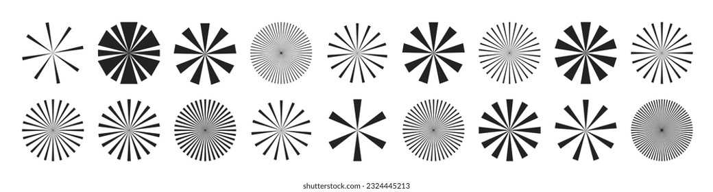 Kreislaufbögen, Strahlen und Strahlen. Monochrome Grafiken, optische Muster und leuchtende schwarze Elemente. Vektorgrafik einzeln.