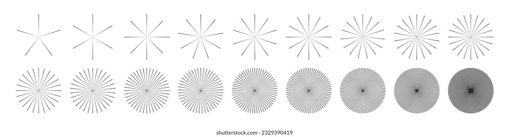 Circular bursts, beams, and rays. Monochrome graphics, optical patterns, and glowing black elements. Vector isolated illustration.