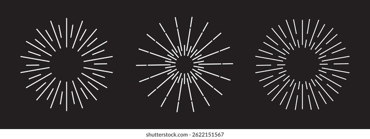 Circular bursts, beams, and rays. Monochrome graphics, optical patterns, and glowing black elements. Vector isolated illustration.