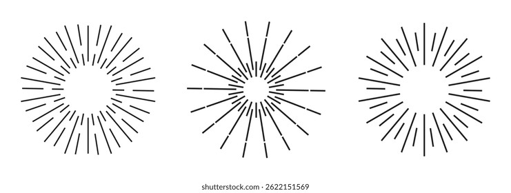 Circular bursts, beams, and rays. Monochrome graphics, optical patterns, and glowing black elements. Vector isolated illustration.