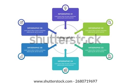 Circular Business Infographic 6 Step Cyclical Process for Workflow and Strategy. Presentation, Organization and Plan. Vector Illustration.