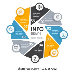 Circular business Infographic design template with icons and 8 options or steps.  Can be used for process diagram, presentations, workflow layout, banner, flow chart, info graph.