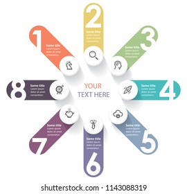 Circular business Infographic design template with icons and 8 options or steps.  Can be used for process diagram, presentations, workflow layout, banner, flow chart, info graph.